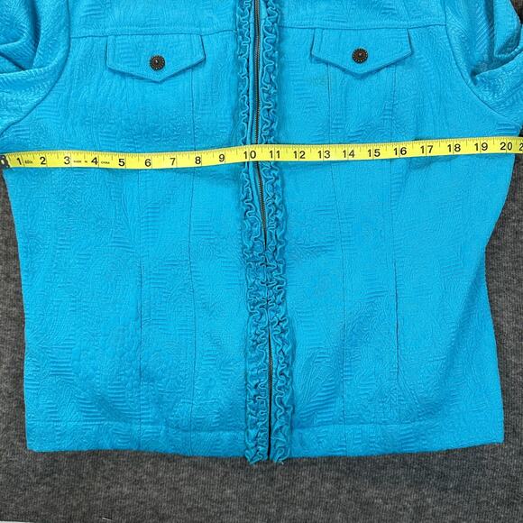 Ruby Rd Jacket Womens 12 Teal Blue Ruffle Trim Full Zip Brocade Medium Weight - Picture 6 of 9